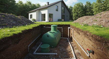 Septic Tank Installation: A comprehensive illustration showcasing the placement of a septic tank system, highlighting pipes, connections, and surrounding landscape in a practical demonstration.