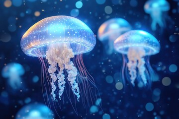 Illuminated jellyfish floating through deep dark ocean waters gracefully