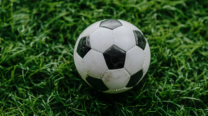 Fototapeta premium Close Up Of Black And White Soccer Ball On Green Grass Field With Detailed Textures And Geometric Design
