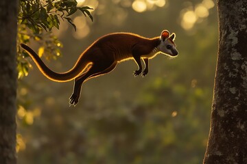Tree kangaroo mid leap its body stretched out as it glides between two trees the golden hour light casting a warm glow on its fur and the surrounding foliage shot with a fast shutter speed of 11000s