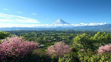 Pink Blossom Valley With Snow Capped Mountain