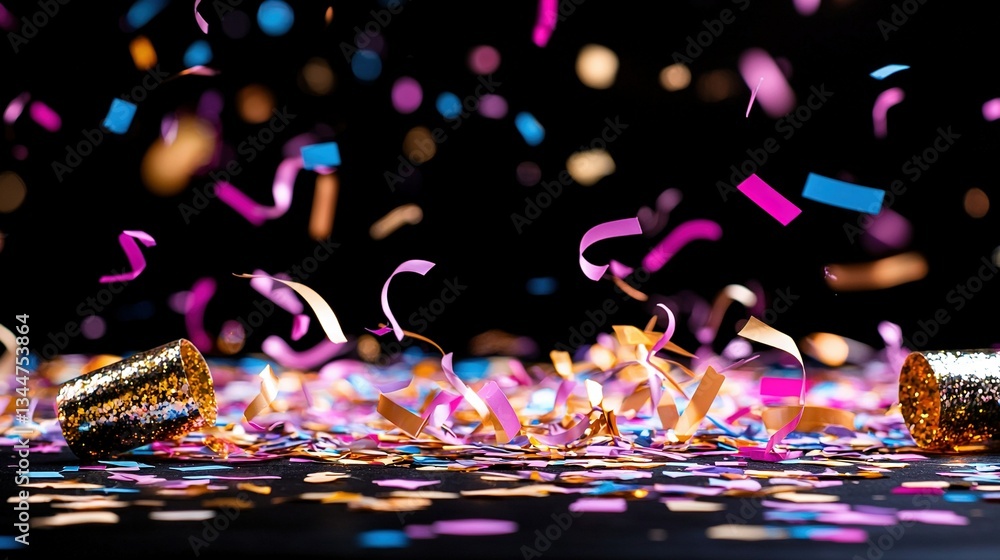 Poster confetti and streamers on a table with confetti on it and more confetti scattered around