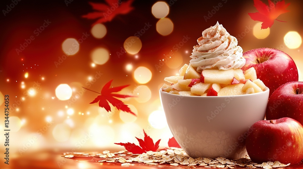 Poster an image showing a bowl of ice cream on a table surrounded by fall leaves and lit up by a warm-color