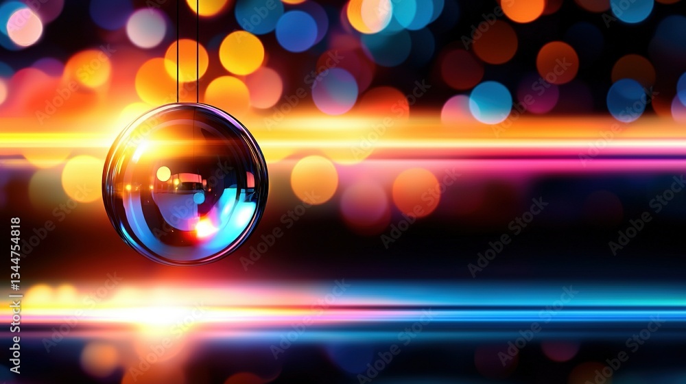 Poster a disco ball dangles from a string against a multi-colored backdrop