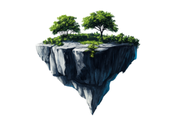 Floating island with lush greenery and rocks