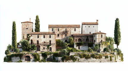 Obraz premium Picturesque Italian Village On Hilltop With Stone Buildings And Lush Vegetation