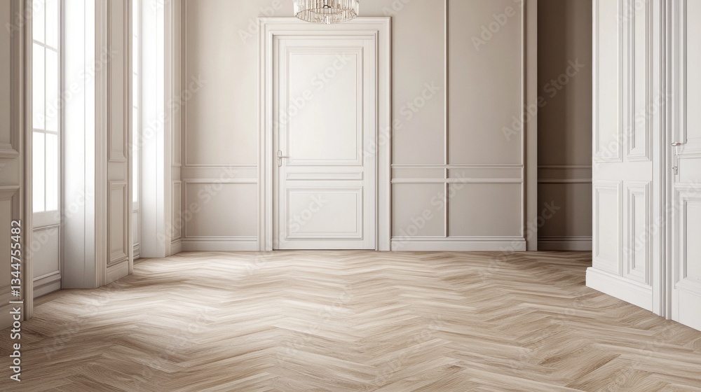 Poster sunlight streams through tall windows, illuminating a spacious room with exquisite herringbone wood 