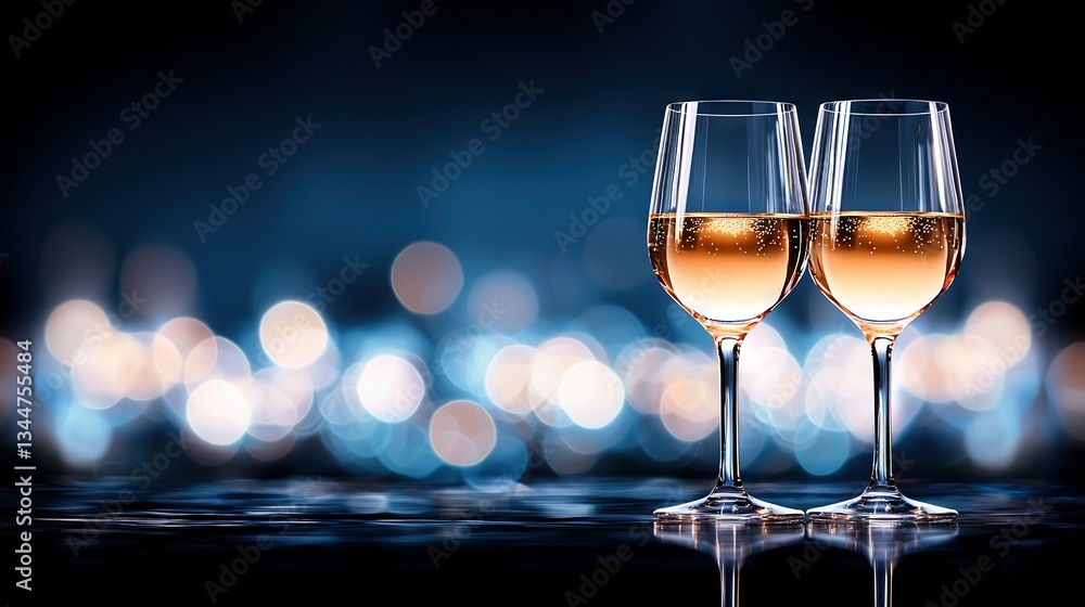 Poster two wine glasses sit next to each other on a table against a hazy backdrop of light sources