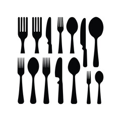 cutlery - fork, knife, spoon, teaspoon silhouette shape, set of black and white vector illustration, Continuous One Line Drawing. Spoons, Forks, Knife, Eating Utensils. Cooking Utensils Line Artvector