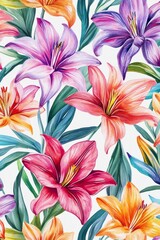 Fototapeta premium Watercolor painting showcasing a vibrant and seamless pattern of colorful lilies, creating a captivating floral design against a dark blue backdrop