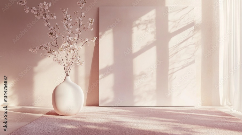 Aufkleber In a calming interior space, warm sunlight filters through a window, casting gentle shadows on a blank canvas and highlighting a minimalist vase filled with soft blossoms, creating tranquility