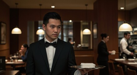 Polished Service: A sharply dressed waiter, embodying elegance and professionalism, holds a tray with precision amidst the warm ambiance of a fine dining restaurant.