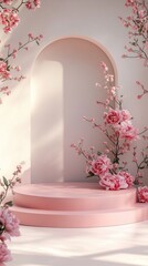A beautifully arranged stage featuring a subtle pink backdrop, adorned with delicate pink flowers