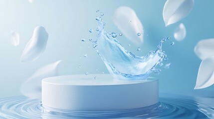 Water splash on podium, petals floating, aqua theme