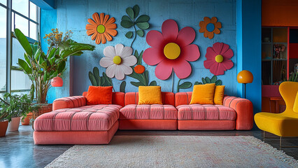 "Groovy Living Room: A vibrant and playful living room with a plush pink sectional sofa, a bright yellow armchair, and a whimsical flower-power mural on the wall.