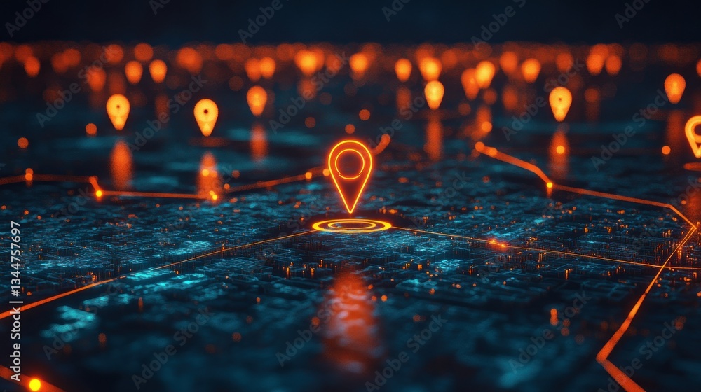 Poster glowing map pin highlights a central location within a network of interconnected points