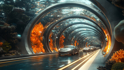 A futuristic glass tunnel beneath the ocean surface, featuring sleek, modern cars traveling through it. The tunnel is surrounded by vibrant coral reefs, colorful marine life, and clear blue water