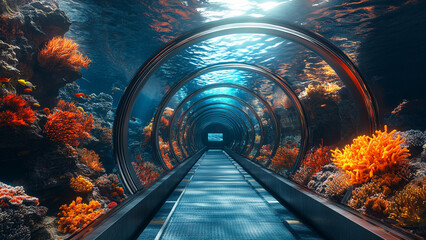 A futuristic glass tunnel beneath the ocean surface, featuring sleek, modern cars traveling through it. The tunnel is surrounded by vibrant coral reefs, colorful marine life, and clear blue water