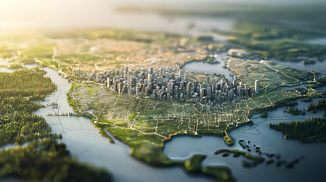 Detailed Three Dimensional Render of North America Showing City Lights and Green Landscapes with Blue Water and Bright Sunlight