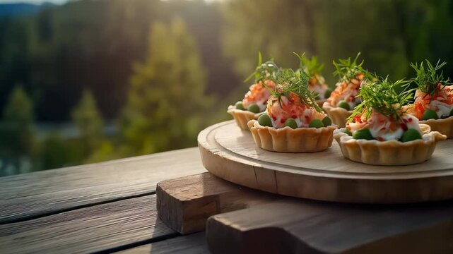 Elegant appetizer tarts with seafood peas and dill served outdoors with a scenic forest backdrop