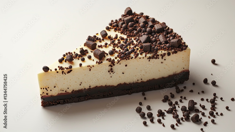 Poster delicious cheesecake slice with chocolate crumbs on a neutral background generative ai