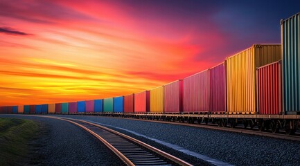 Obraz premium Colorful cargo train at sunset