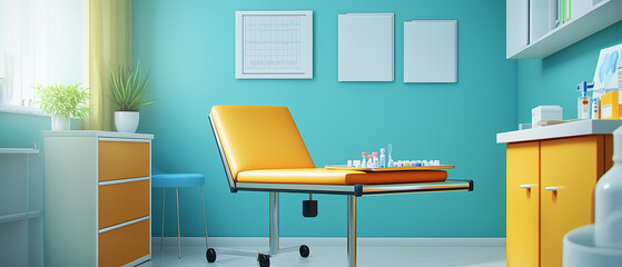 Sterile medical office with a pediatric exam table, neatly arranged tray with a syringe, and bandages-3
