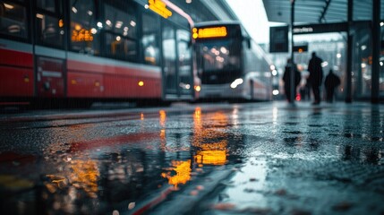 Fototapeta premium Rainy Urban Scene with Public Transportation and Reflections on Wet Pavement