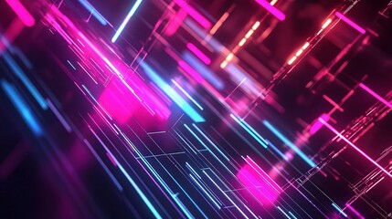 Bright Neon Lines and Geometric Shapes in Abstract Background