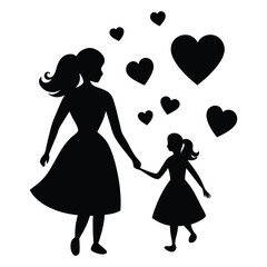 Black silhouette mom and baby daughter love shape white background