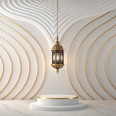 Obraz premium 3d rendering of white marble podium for product display with golden lantern and abstract pattern,3d render of Ramadan Kareem background with golden lanterns.