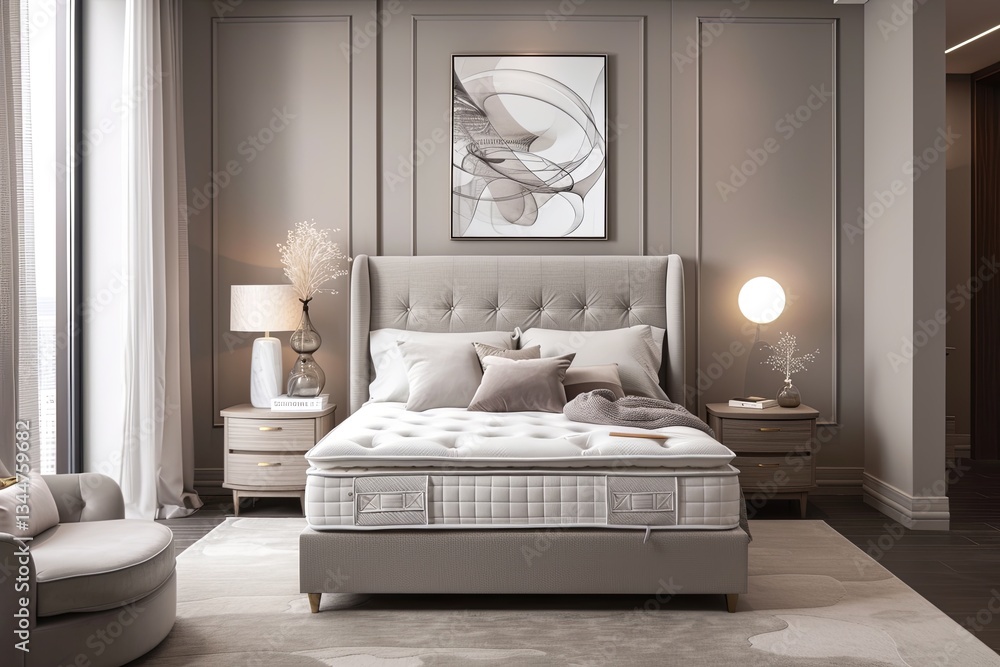 Poster modern stylish bedroom design with cozy decor and luxurious bedding elements for a relaxing atmosphe