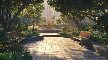 Fototapeta premium Serene City Park with Fountain and Benches at Sunrise