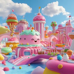 A colorful whimsical confectionary land with smiling sweet treats