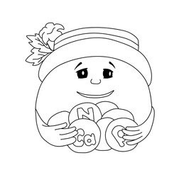 Outline of tomato in a flat hat holds round vitamin symbols. Vector illustration on a white background