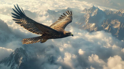Obraz premium Majestic Hawk Soaring Above Clouds and Towering Mountain Peaks With Fully Extended Wings – Aerial Wildlife Perspective