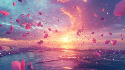 Pink rose petals are falling towards the sun over the ocean