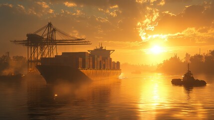 Cargo ship at sunset, harbor scene.  