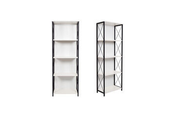 Modern industrial bookshelf with black metal frame and white geometric shelves, perfect for home, office, or living room, offering stylish storage and contemporary design.