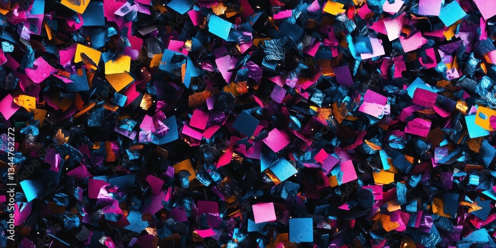 Poster colorful shards of assorted shapes are scattered across a surface