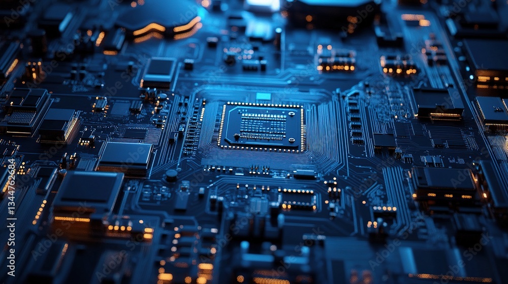 Poster detailed close-up of computer motherboard in digital tech environment