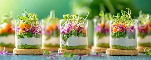 Colorful layered appetizers in small glasses