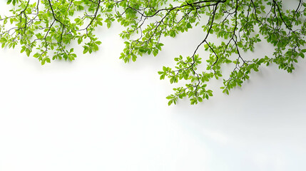 Fresh Green Leaves On Branches Against White Background