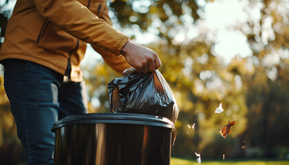 Man throwing trash bag into bin outdoors, closeup