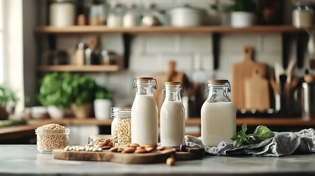 Plant-based milk bottles on kitchen counter