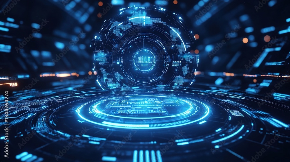 Poster futuristic hexagonal tech interface with blue lights and grid patterns