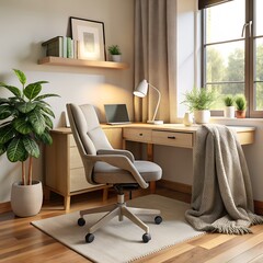 Luxury home office and living room design with comfortable sofa and wood furniture