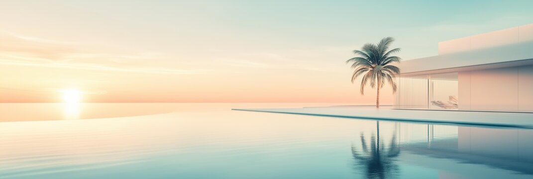 Luxury travel expo banner showcasing serene beachside resort with sunset backdrop - Powered by Adobe