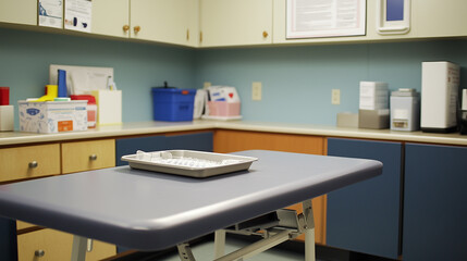 Well-organized pediatric clinic with a vacant exam table, a sterile medical tray, and a box of bandages-1