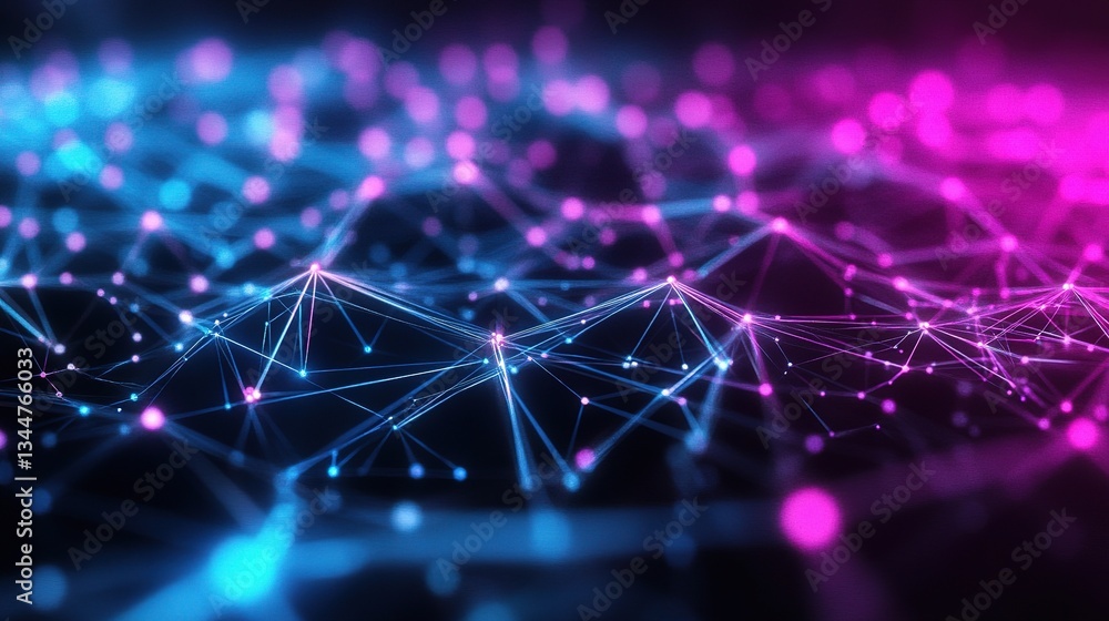 Poster vibrant particle mesh network with neon lines and abstract design